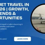 Private jet parked on runway in India during sunset