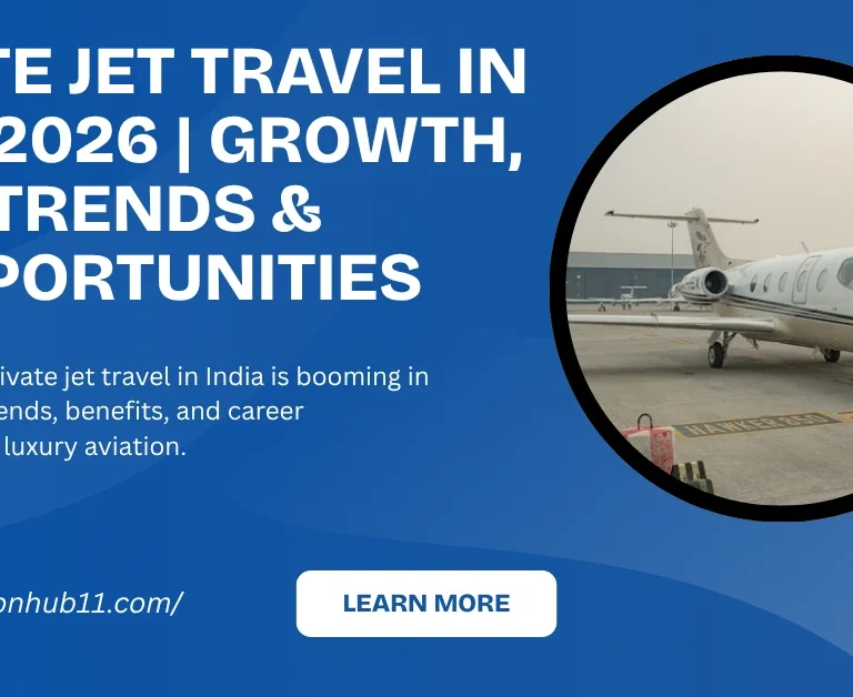 Private jet parked on runway in India during sunset