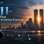 9/11 memorial aviation graphic showing the New York skyline, commercial aircraft, and Aviationhub11 branding, reflecting how September 11 changed aviation security