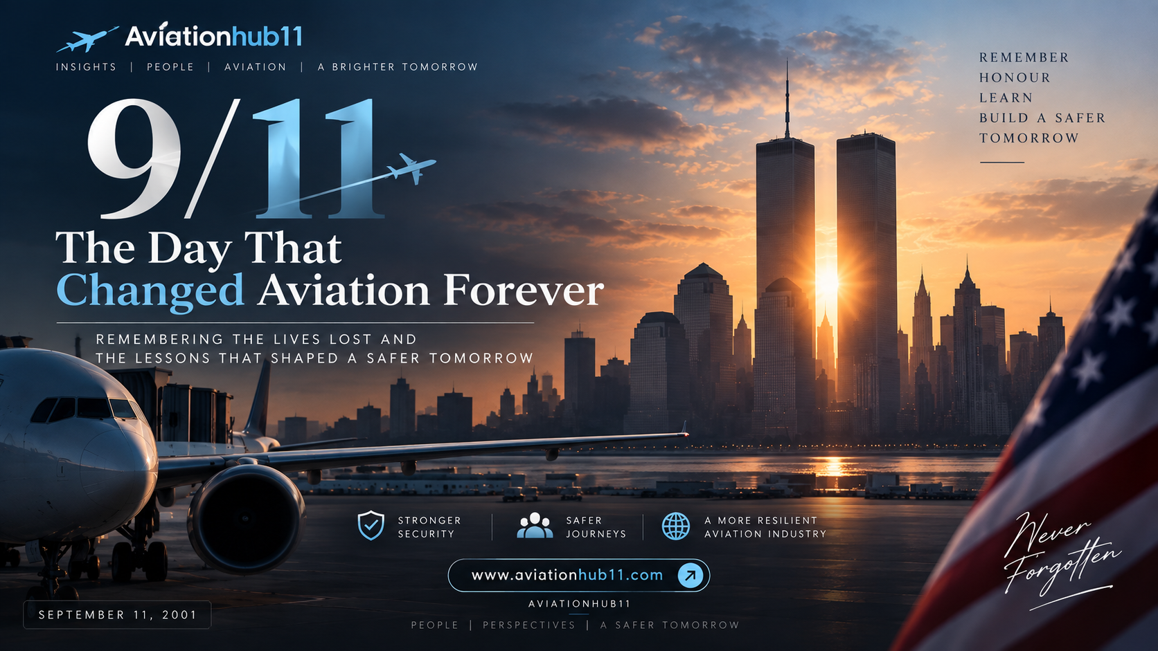 9/11 memorial aviation graphic showing the New York skyline, commercial aircraft, and Aviationhub11 branding, reflecting how September 11 changed aviation security